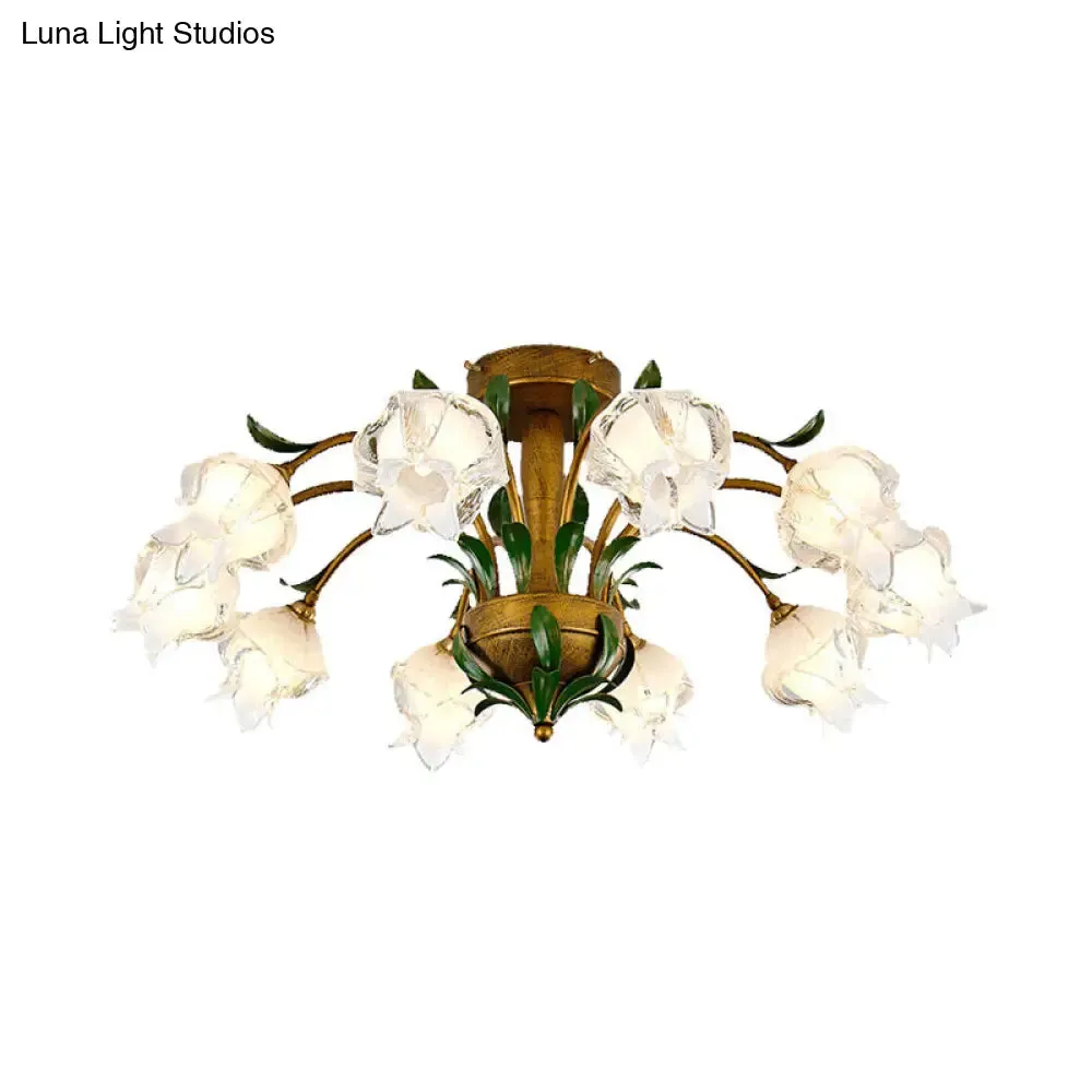 Brass Metal LED Ceiling Light: Countryside Flower Style, 6/8/10 Bulbs, Semi Flush Mount for Bedroom