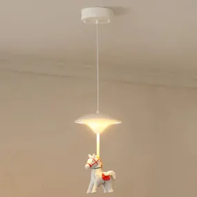Cartoon LED Ceiling Pendant - White Horse Hanging Light with Metal Shade for Bedroom