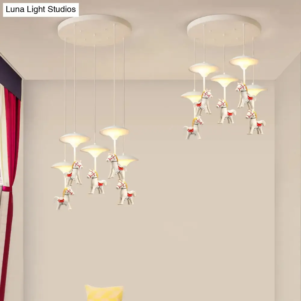 Cartoon LED Ceiling Pendant - White Horse Hanging Light with Metal Shade for Bedroom