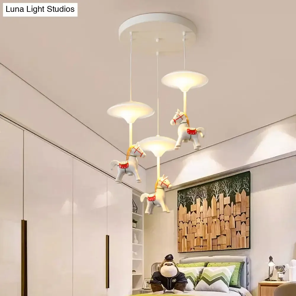 Cartoon LED Ceiling Pendant - White Horse Hanging Light with Metal Shade for Bedroom