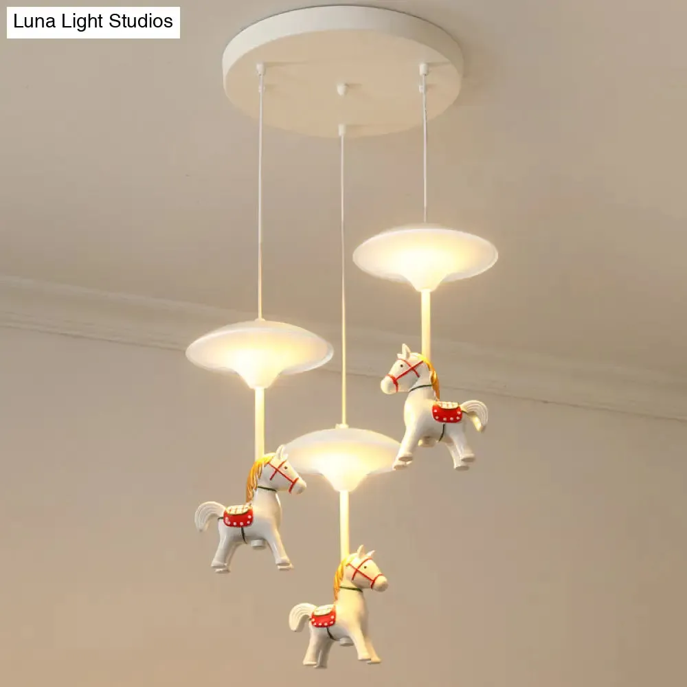 Cartoon LED Ceiling Pendant - White Horse Hanging Light with Metal Shade for Bedroom