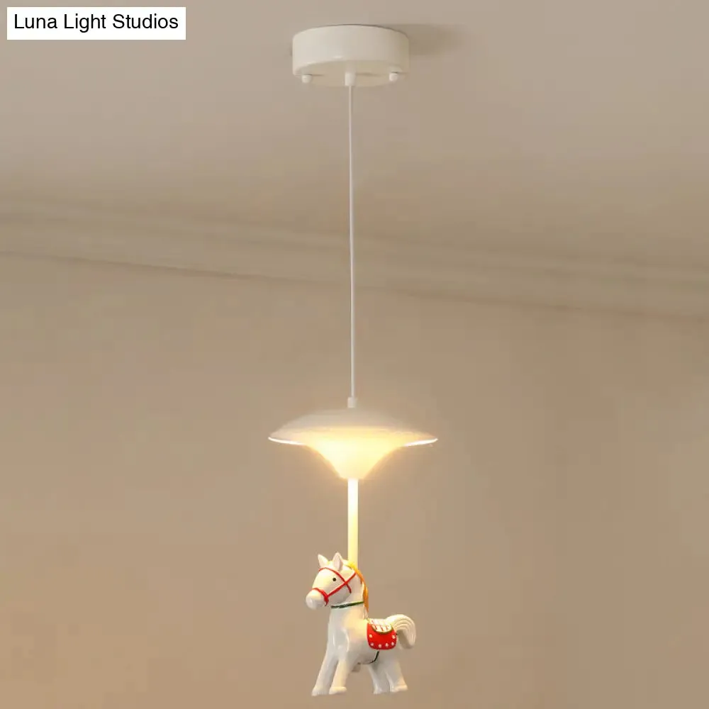 Cartoon LED Ceiling Pendant - White Horse Hanging Light with Metal Shade for Bedroom