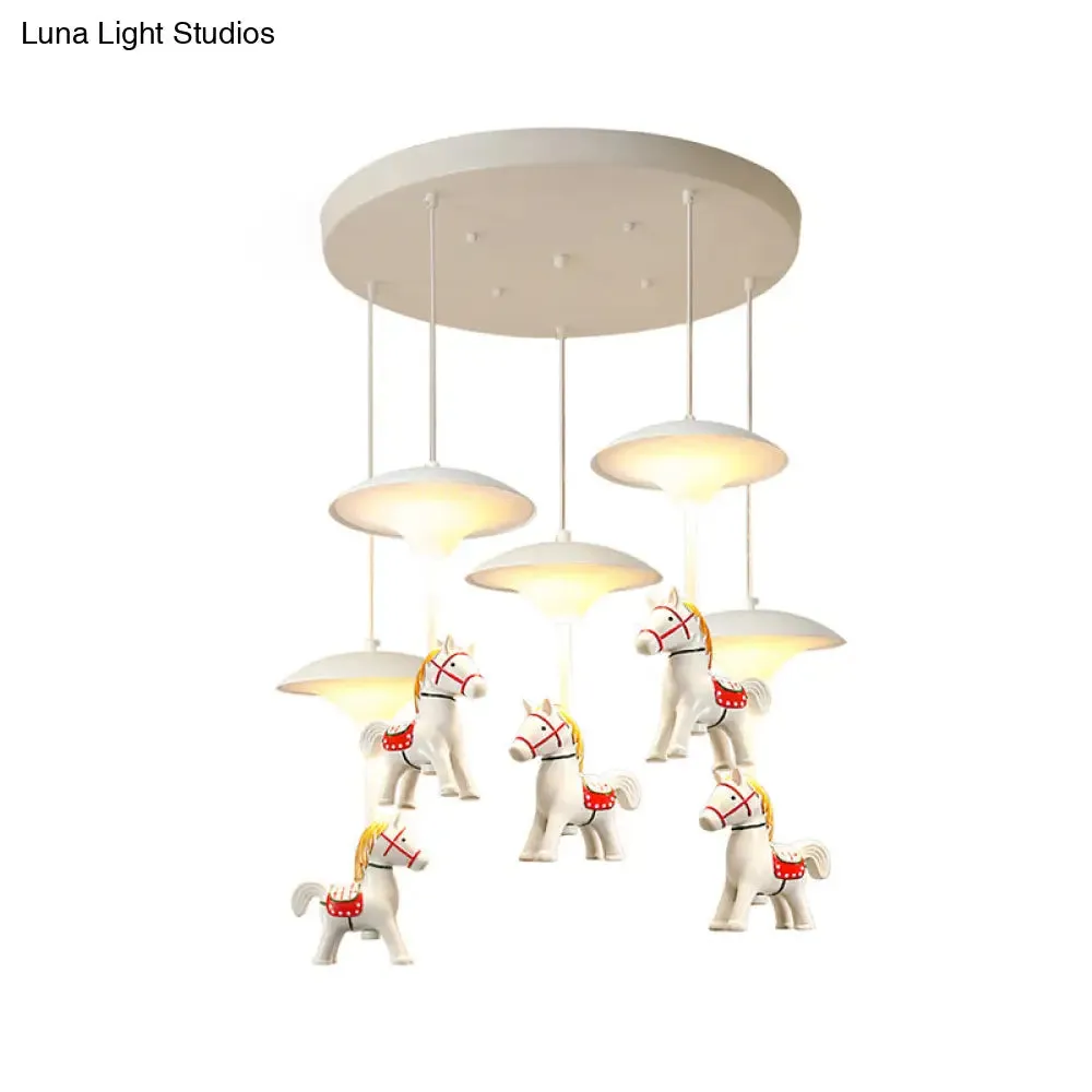 Cartoon LED Ceiling Pendant - White Horse Hanging Light with Metal Shade for Bedroom