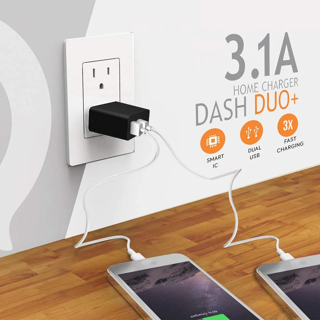 Conekt Dash Duo  5V/3.1A Home Charger Fast Charging