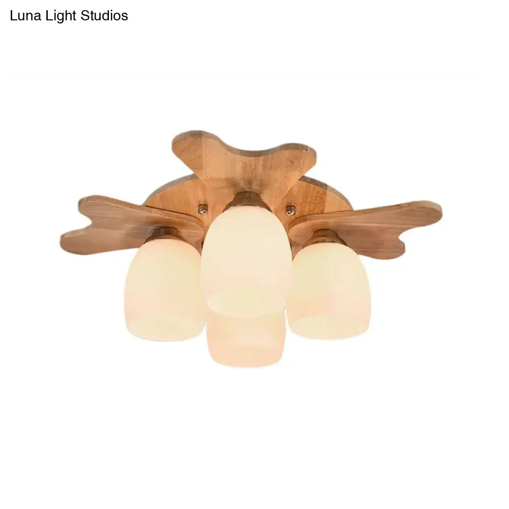 Contemporary Milk Glass Flush Mount Lamp with Wood Canopy - 1/3/4 Lights, Beige Finish