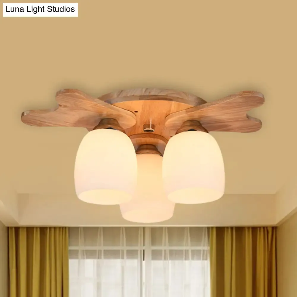 Contemporary Milk Glass Flush Mount Lamp with Wood Canopy - 1/3/4 Lights, Beige Finish