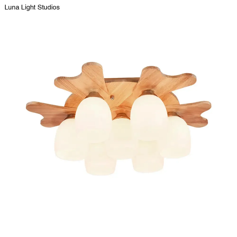 Contemporary Milk Glass Flush Mount Lamp with Wood Canopy - 1/3/4 Lights, Beige Finish