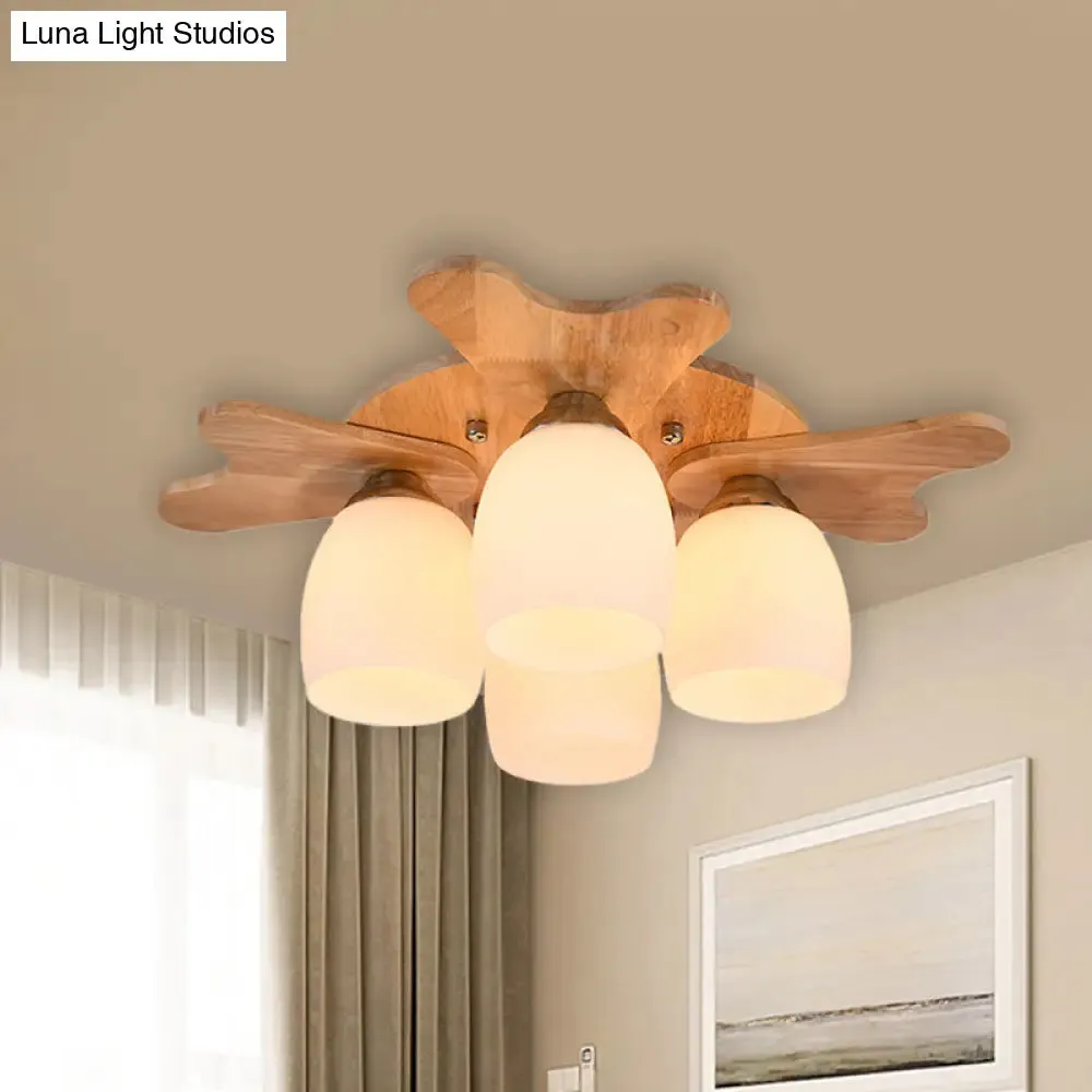 Contemporary Milk Glass Flush Mount Lamp with Wood Canopy - 1/3/4 Lights, Beige Finish