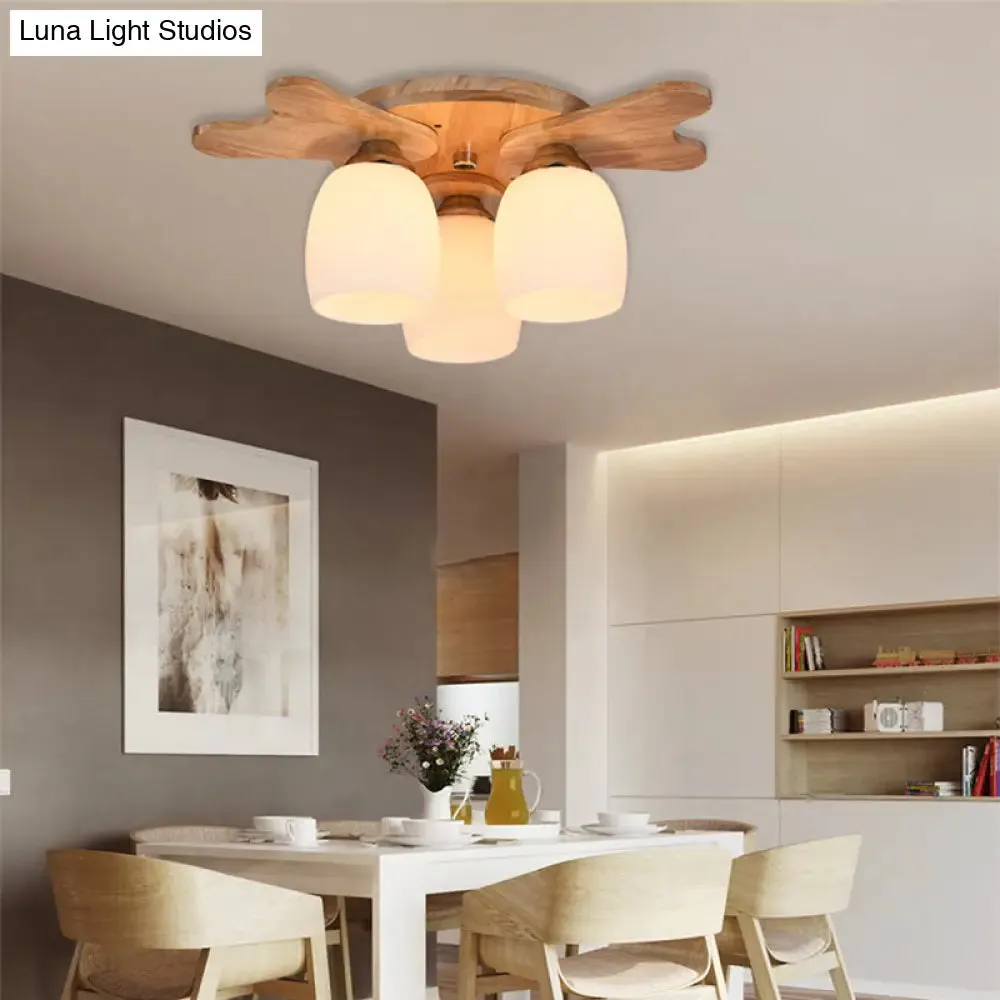 Contemporary Milk Glass Flush Mount Lamp with Wood Canopy - 1/3/4 Lights, Beige Finish