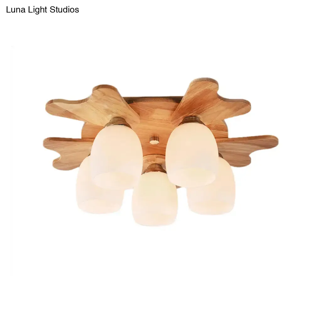 Contemporary Milk Glass Flush Mount Lamp with Wood Canopy - 1/3/4 Lights, Beige Finish