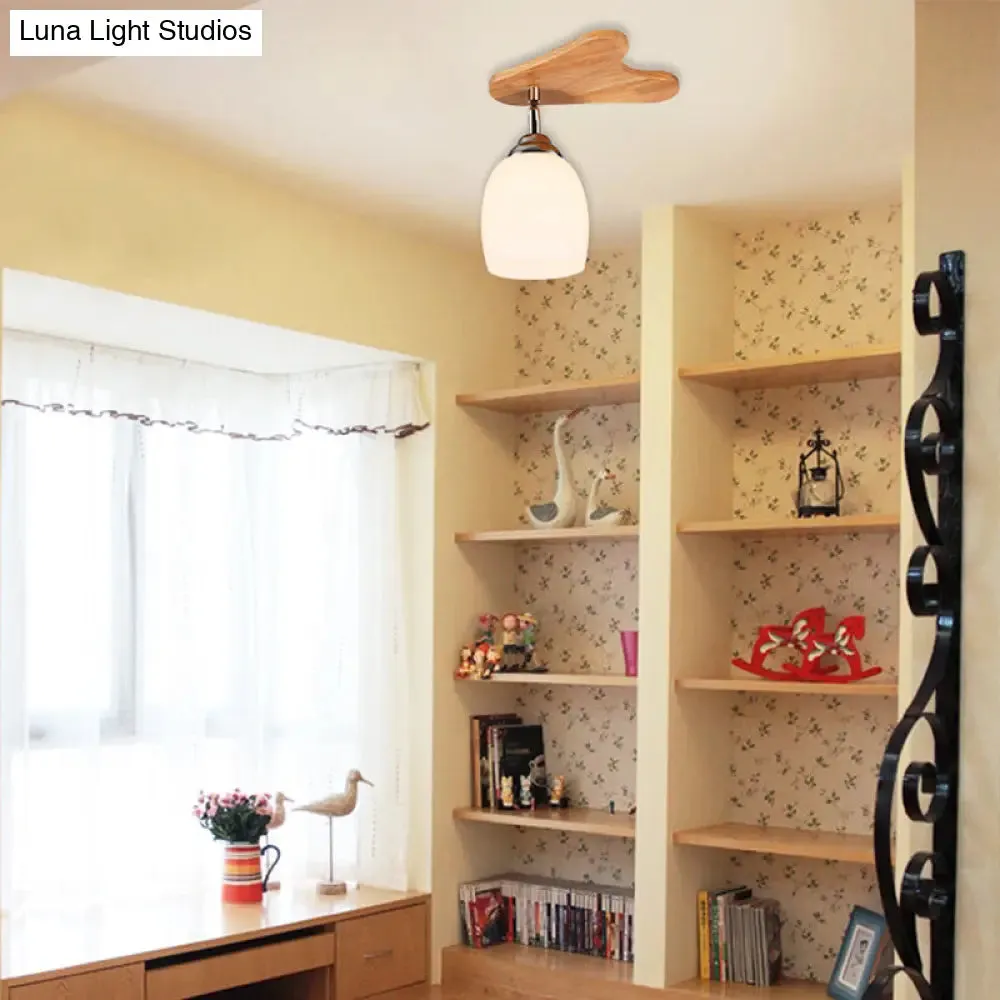 Contemporary Milk Glass Flush Mount Lamp with Wood Canopy - 1/3/4 Lights, Beige Finish