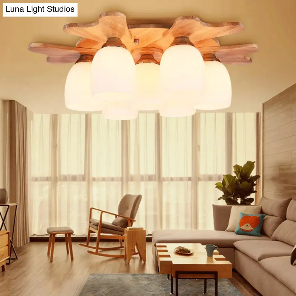 Contemporary Milk Glass Flush Mount Lamp with Wood Canopy - 1/3/4 Lights, Beige Finish