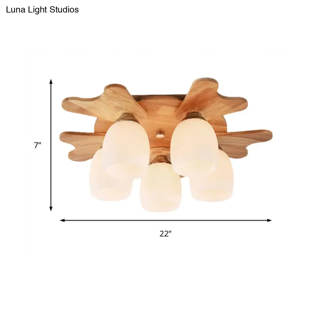Contemporary Milk Glass Flush Mount Lamp with Wood Canopy - 1/3/4 Lights, Beige Finish