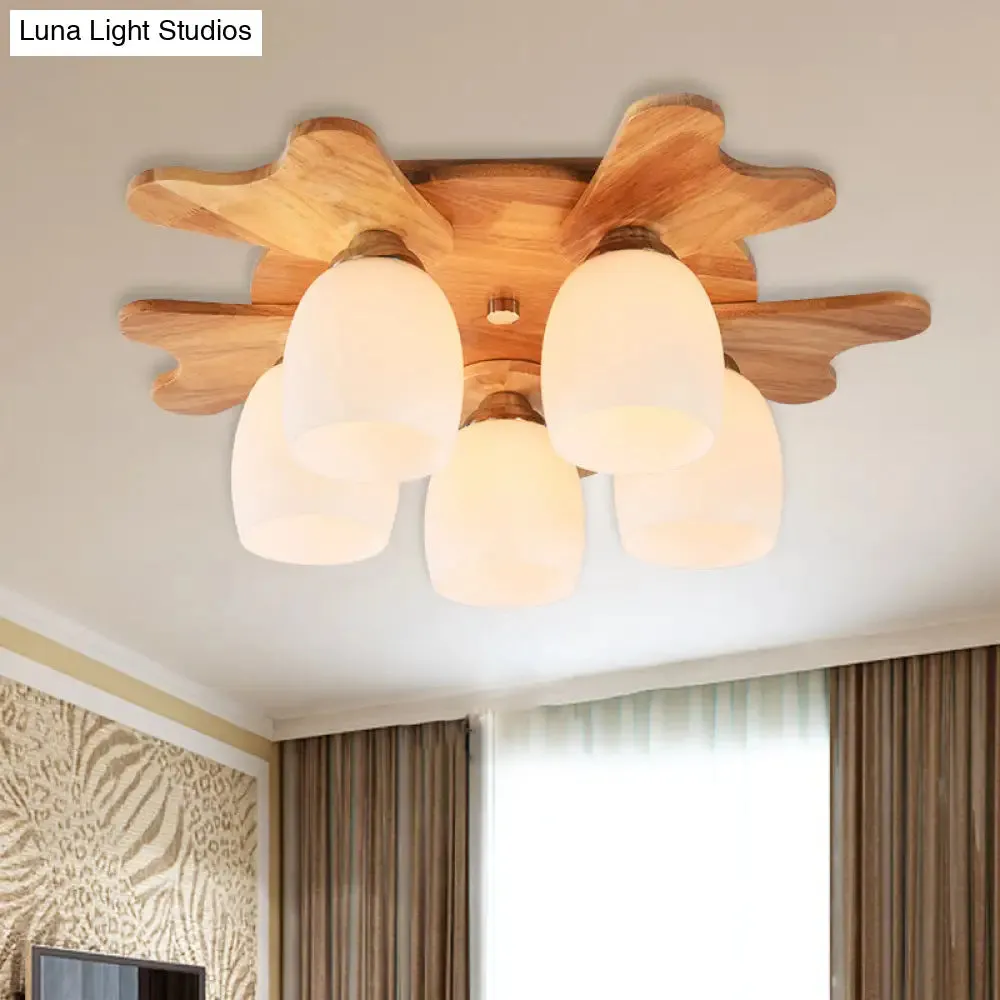 Contemporary Milk Glass Flush Mount Lamp with Wood Canopy - 1/3/4 Lights, Beige Finish