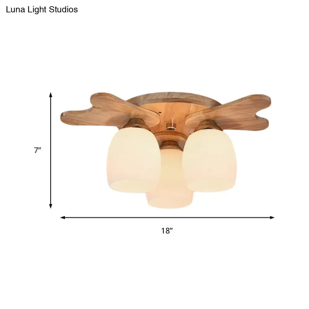 Contemporary Milk Glass Flush Mount Lamp with Wood Canopy - 1/3/4 Lights, Beige Finish