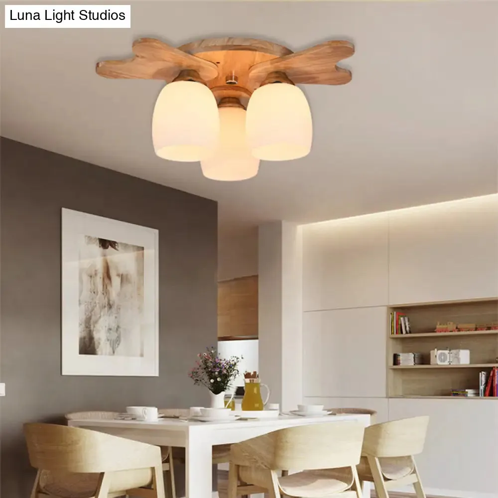 Contemporary Milk Glass Flush Mount Lamp with Wood Canopy - 1/3/4 Lights, Beige Finish