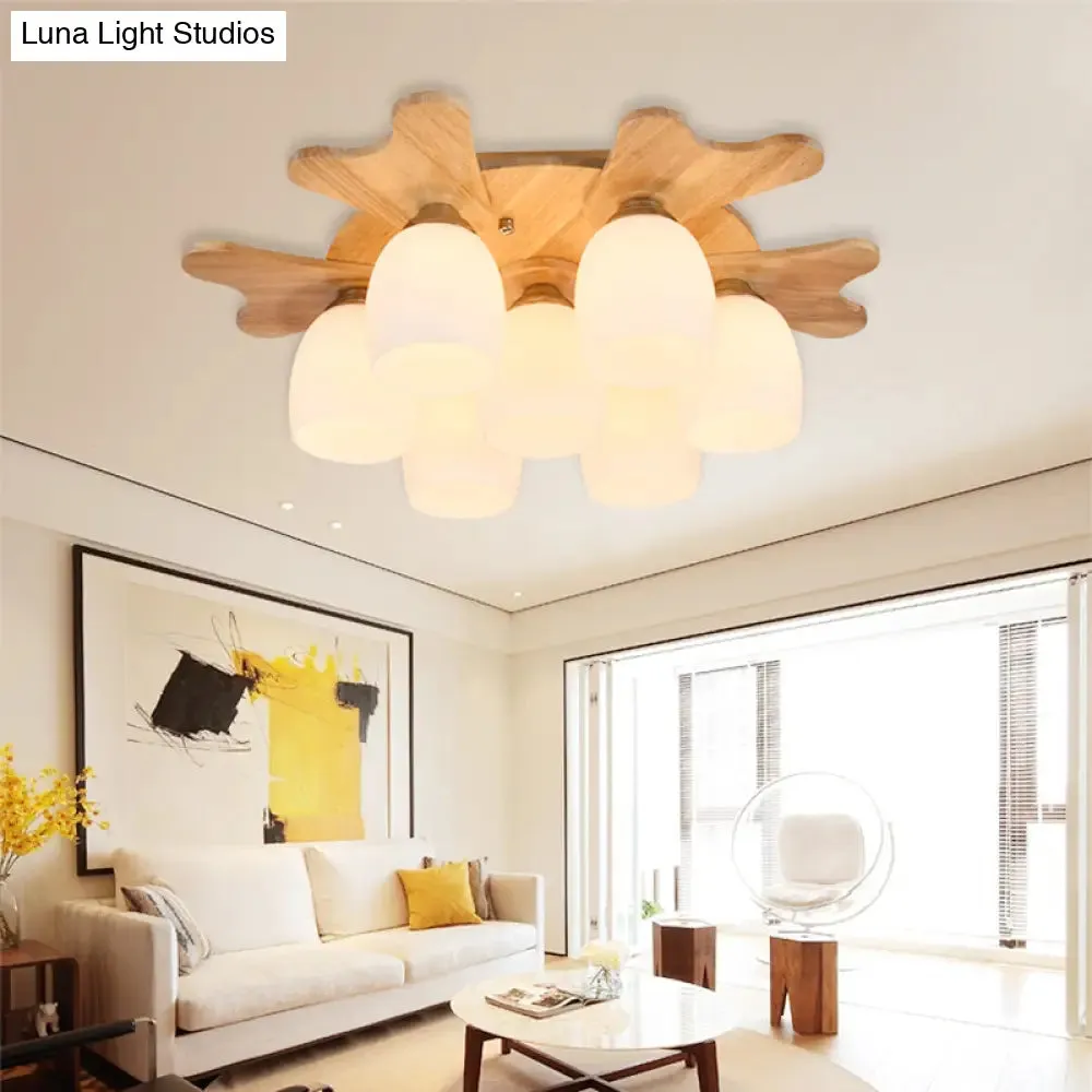 Contemporary Milk Glass Flush Mount Lamp with Wood Canopy - 1/3/4 Lights, Beige Finish