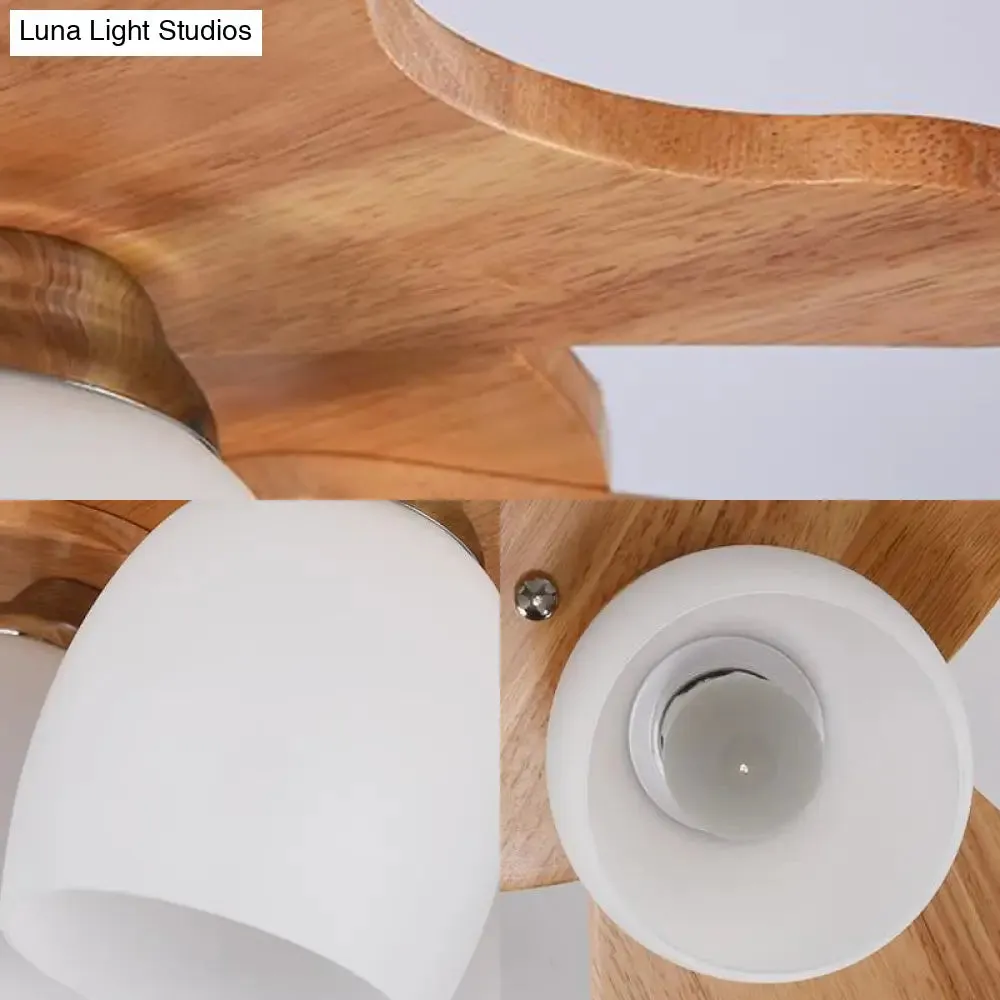 Contemporary Milk Glass Flush Mount Lamp with Wood Canopy - 1/3/4 Lights, Beige Finish