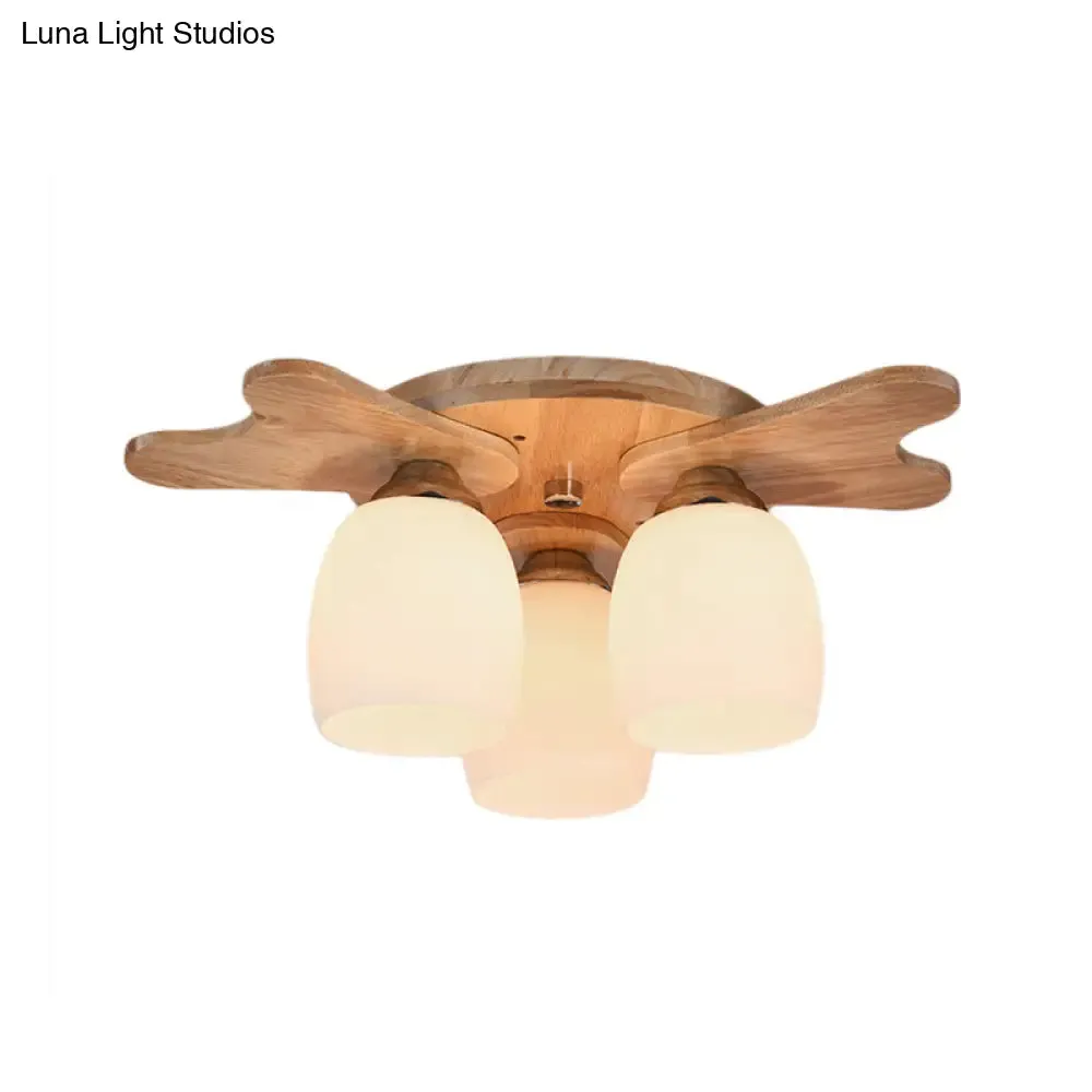 Contemporary Milk Glass Flush Mount Lamp with Wood Canopy - 1/3/4 Lights, Beige Finish