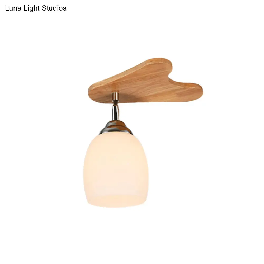 Contemporary Milk Glass Flush Mount Lamp with Wood Canopy - 1/3/4 Lights, Beige Finish