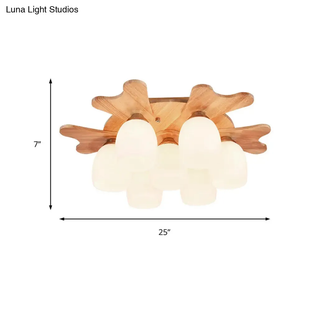 Contemporary Milk Glass Flush Mount Lamp with Wood Canopy - 1/3/4 Lights, Beige Finish