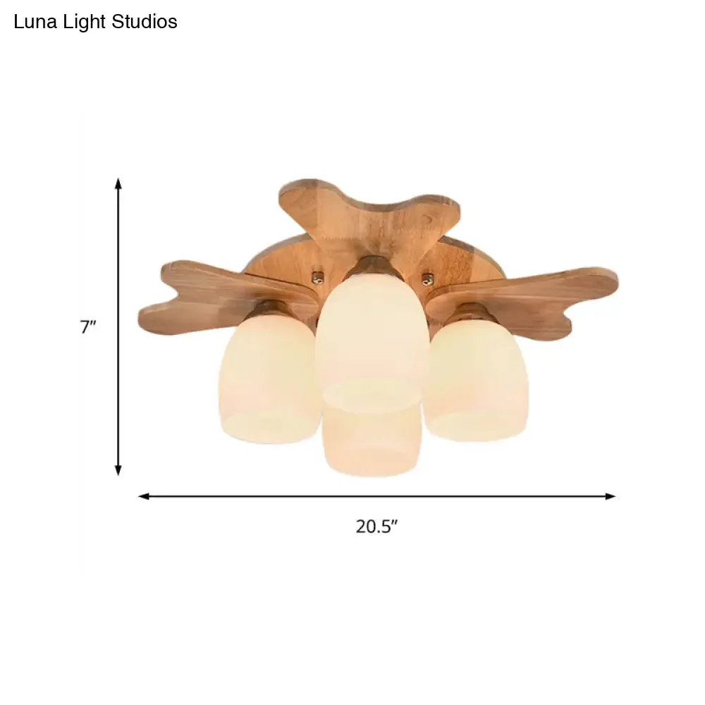 Contemporary Milk Glass Flush Mount Lamp with Wood Canopy - 1/3/4 Lights, Beige Finish