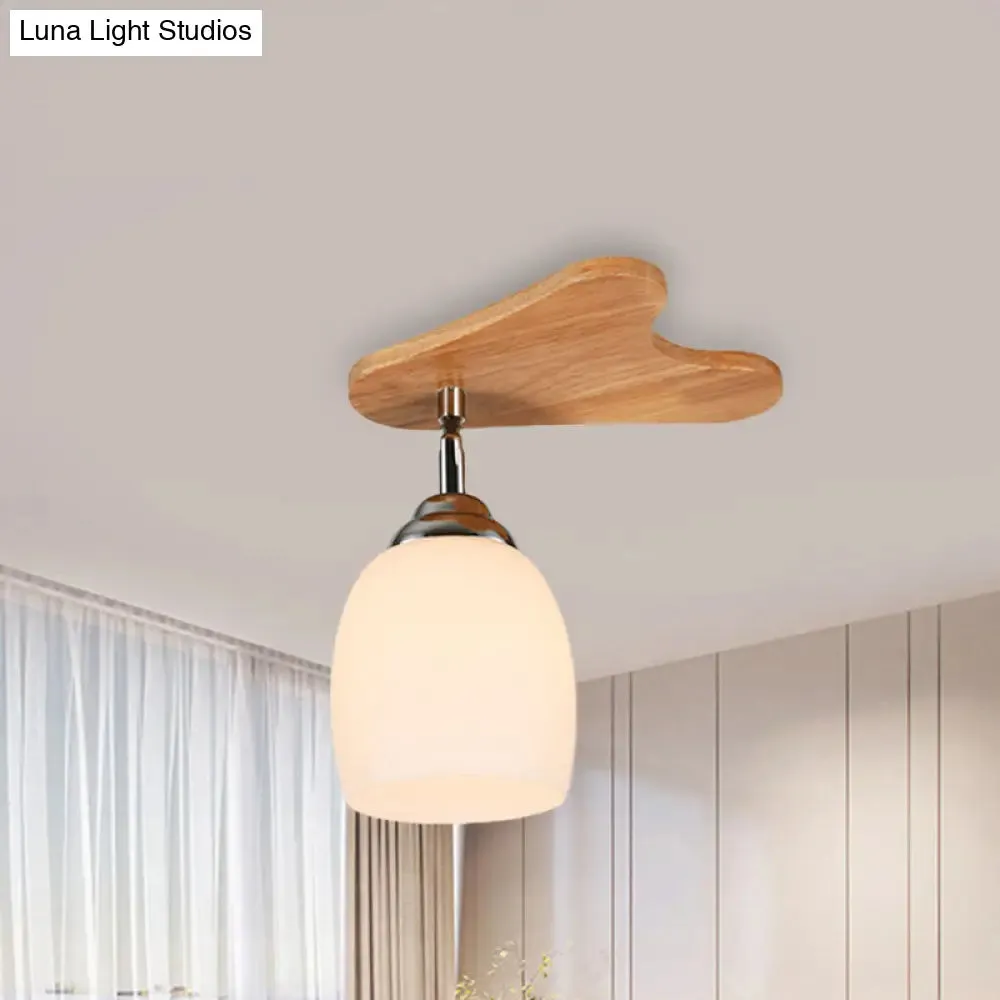 Contemporary Milk Glass Flush Mount Lamp with Wood Canopy - 1/3/4 Lights, Beige Finish