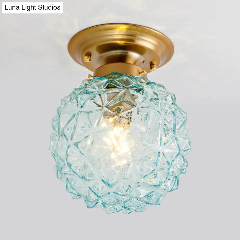 Countryside Blue/Clear/Smoke Gray Prismatic Glass Pine Cone Hallway Ceiling Lamp - Brass Flush Mount Light