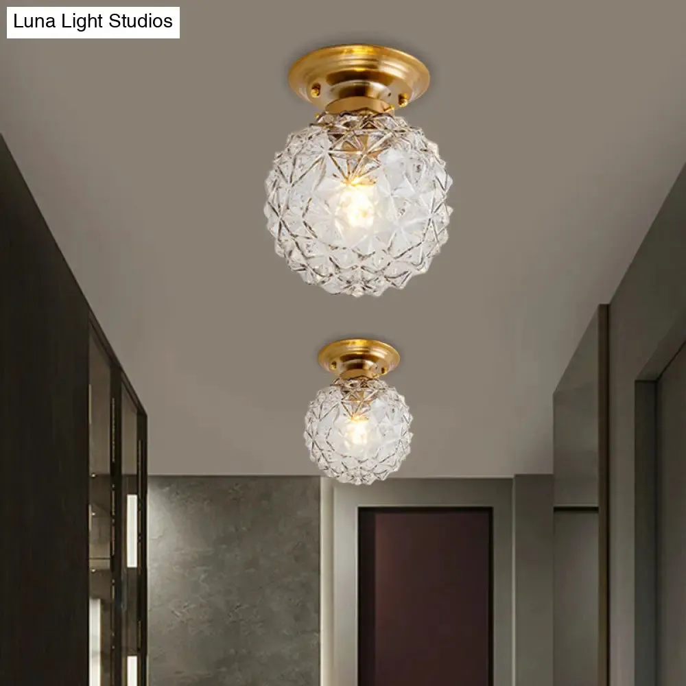 Countryside Blue/Clear/Smoke Gray Prismatic Glass Pine Cone Hallway Ceiling Lamp - Brass Flush Mount Light