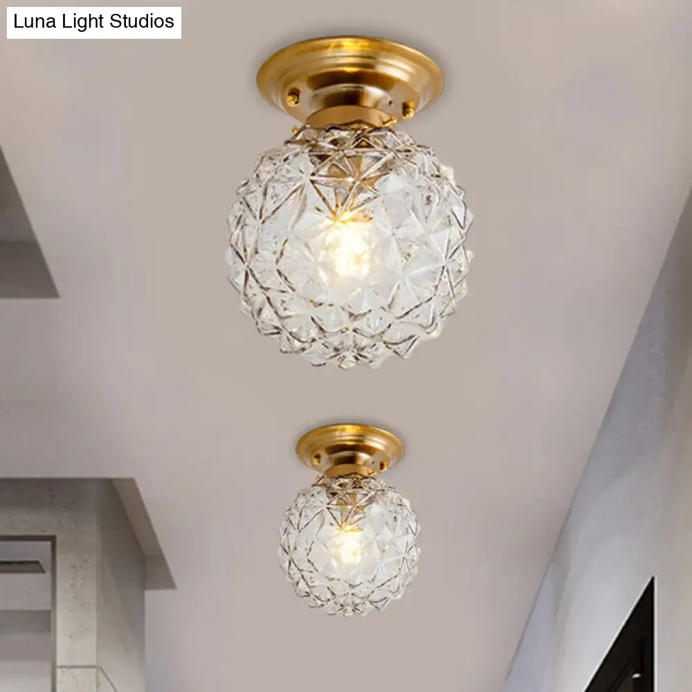 Countryside Blue/Clear/Smoke Gray Prismatic Glass Pine Cone Hallway Ceiling Lamp - Brass Flush Mount Light