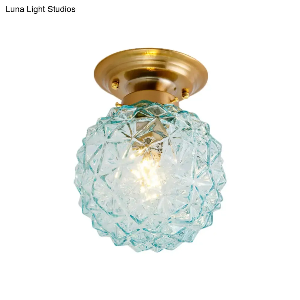 Countryside Blue/Clear/Smoke Gray Prismatic Glass Pine Cone Hallway Ceiling Lamp - Brass Flush Mount Light