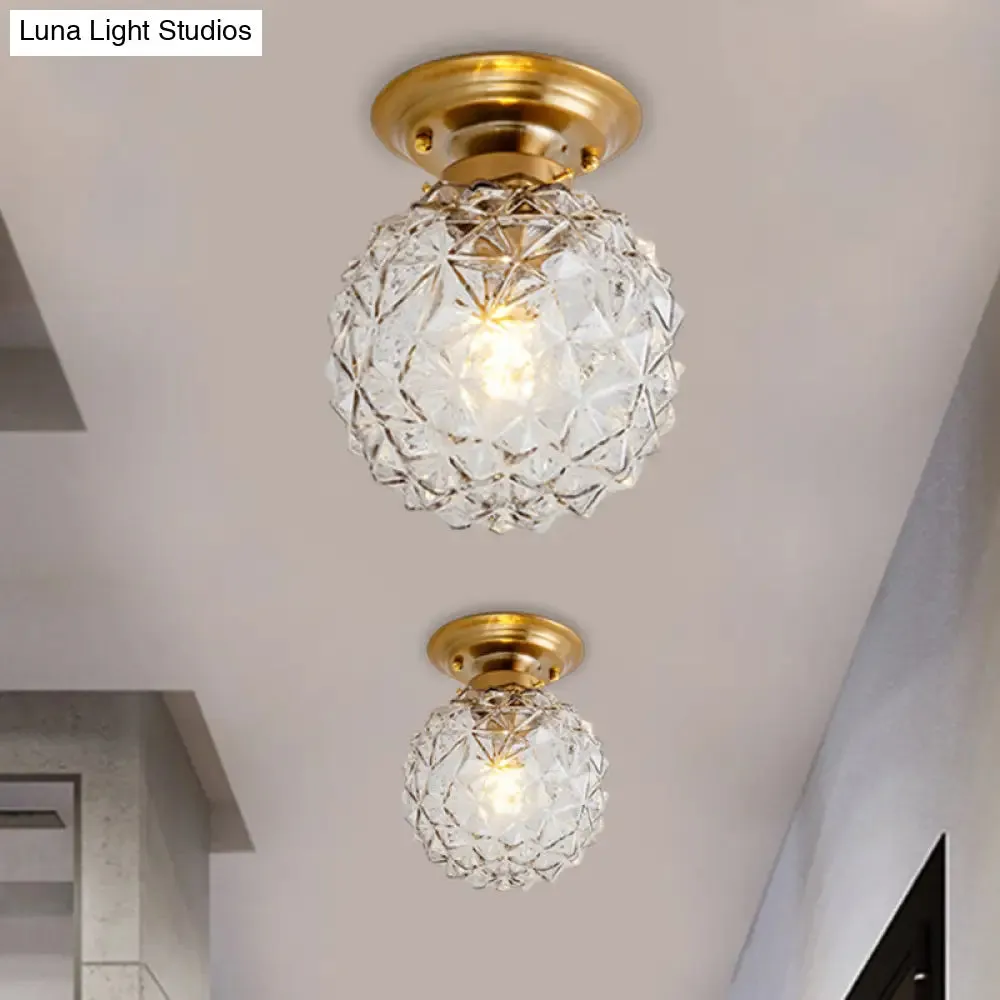 Countryside Blue/Clear/Smoke Gray Prismatic Glass Pine Cone Hallway Ceiling Lamp - Brass Flush Mount Light