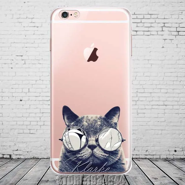 Cute Cat with Glasses Pattern Case Cover For iphone 6 6S 5 5s se 7 7PlusTransparent Soft Silicone Cell Phone Cases