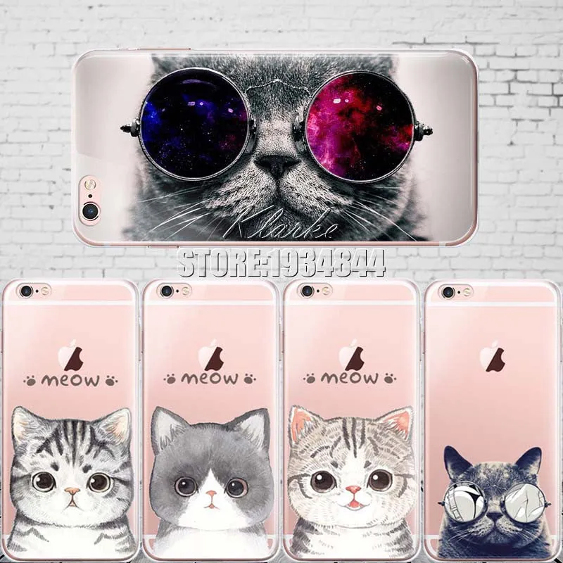 Cute Cat with Glasses Pattern Case Cover For iphone 6 6S 5 5s se 7 7PlusTransparent Soft Silicone Cell Phone Cases