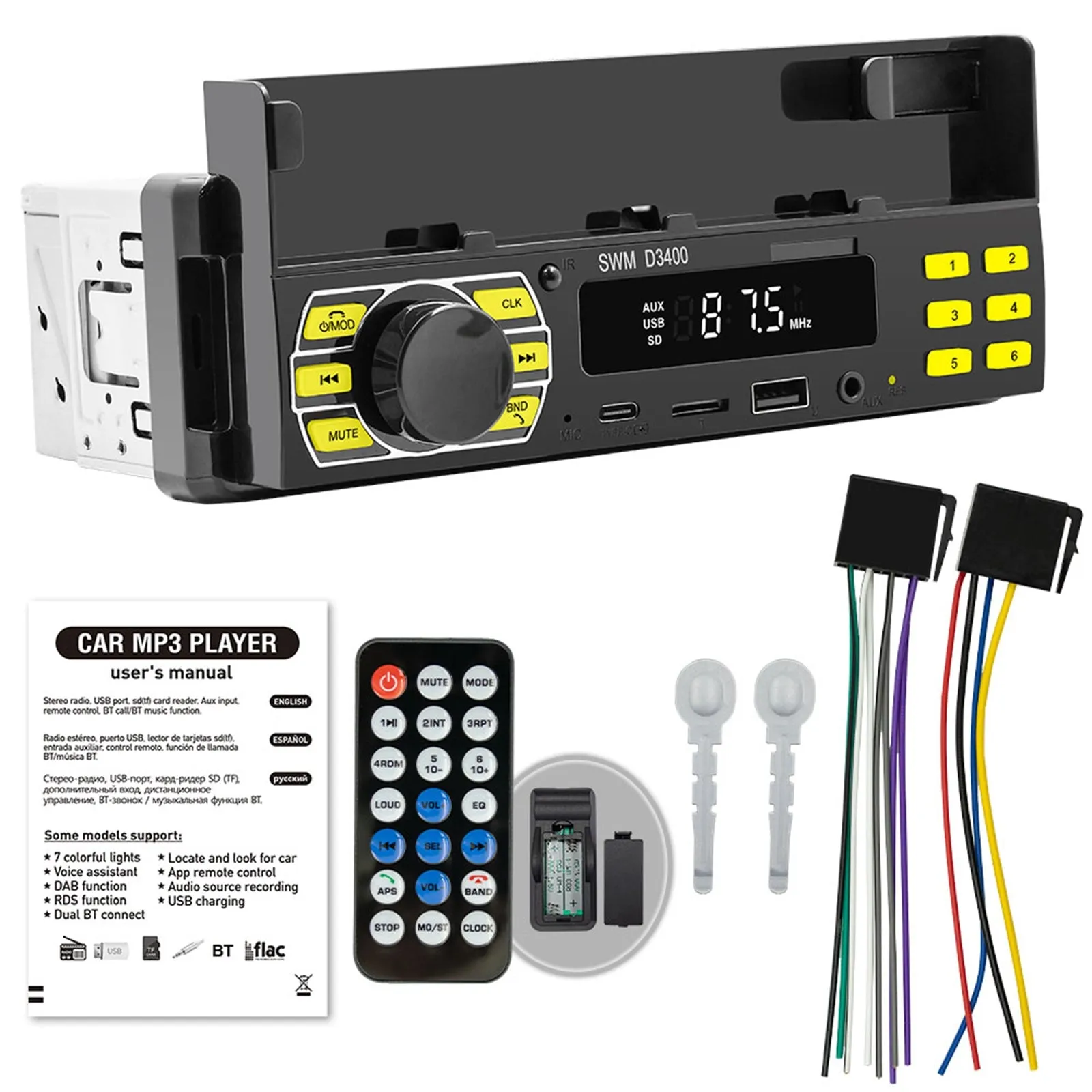 D3400 Car Stereo Multimedia MP3 Player AUX Hands-Free Calling Car