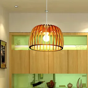 Down Lighting Wooden Strip Hanging Ceiling Lamp - Beige Bowl Frame, Asia Theme - Ideal for Living Room (1 Bulb)