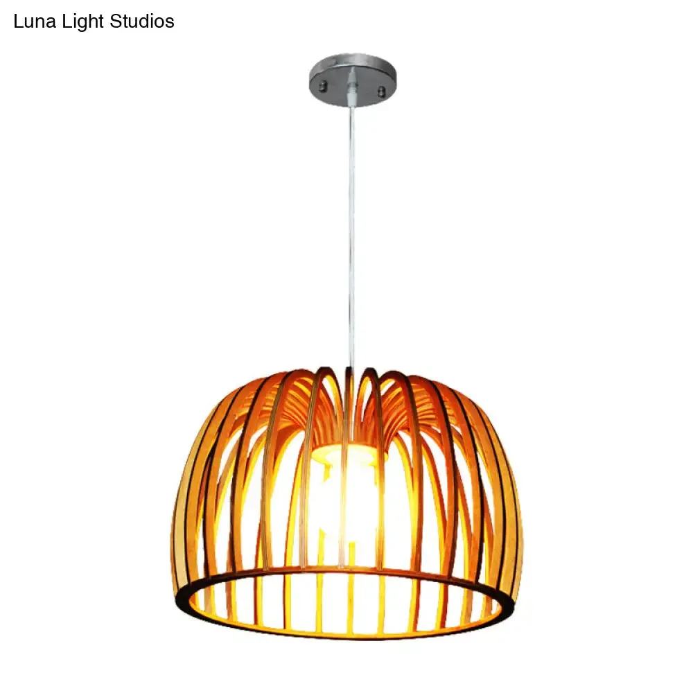 Down Lighting Wooden Strip Hanging Ceiling Lamp - Beige Bowl Frame, Asia Theme - Ideal for Living Room (1 Bulb)