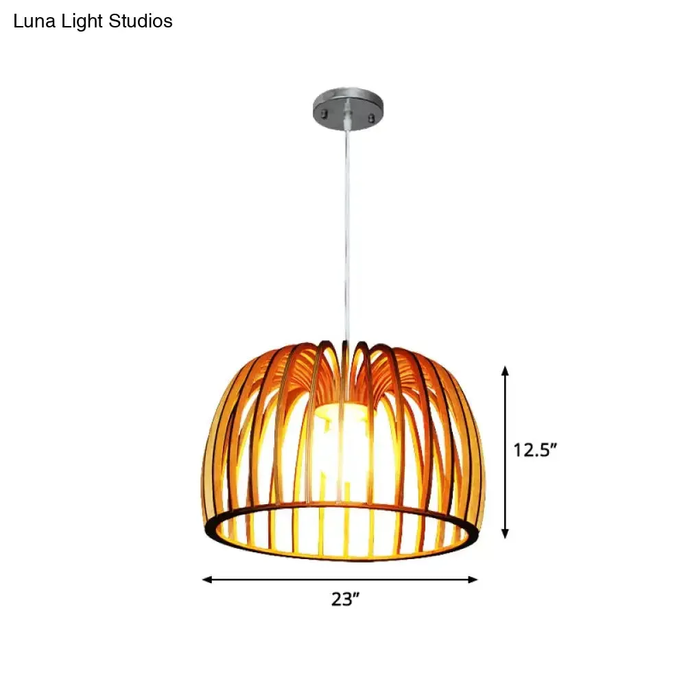 Down Lighting Wooden Strip Hanging Ceiling Lamp - Beige Bowl Frame, Asia Theme - Ideal for Living Room (1 Bulb)