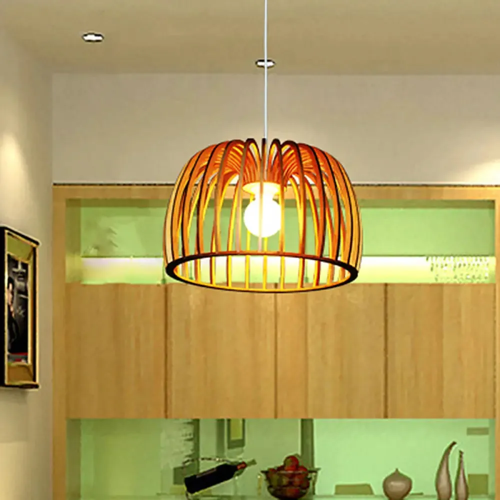 Down Lighting Wooden Strip Hanging Ceiling Lamp - Beige Bowl Frame, Asia Theme - Ideal for Living Room (1 Bulb)