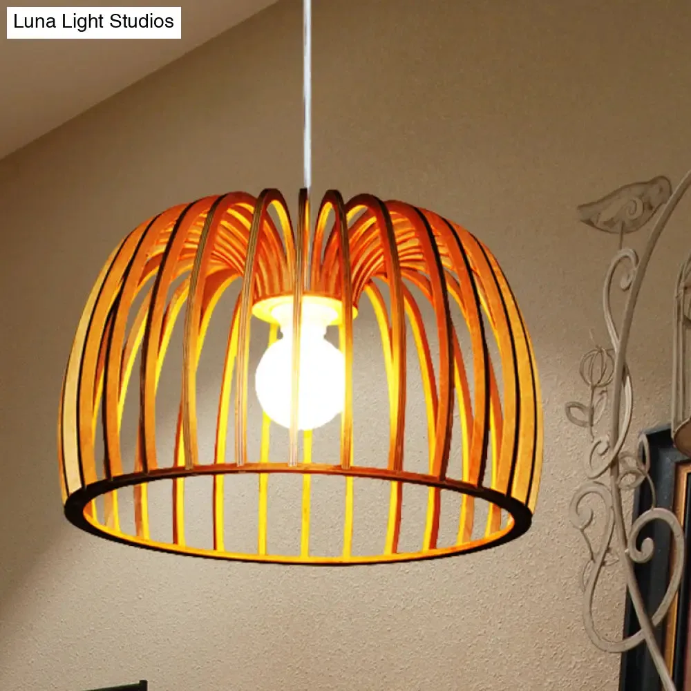 Down Lighting Wooden Strip Hanging Ceiling Lamp - Beige Bowl Frame, Asia Theme - Ideal for Living Room (1 Bulb)