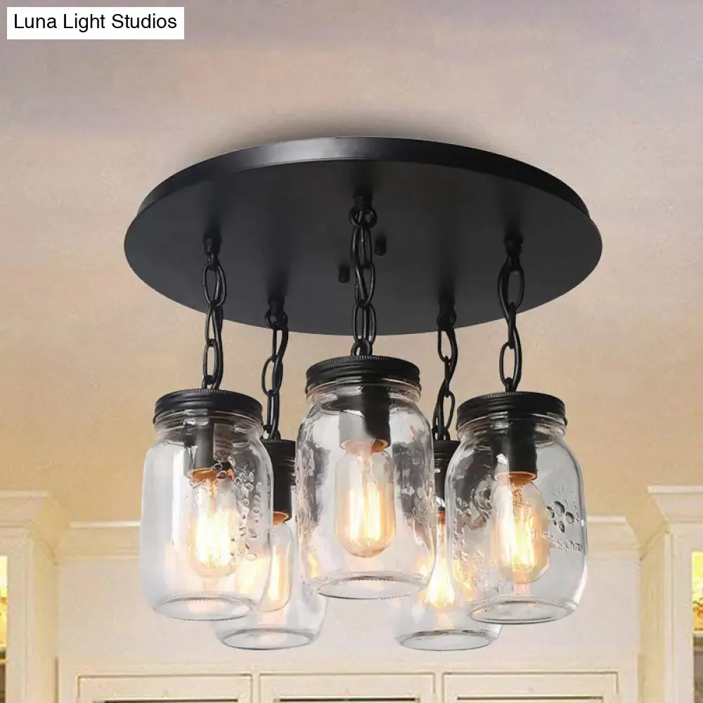 Etched Clear Glass Mason Jar Semi Flush Industrial Light Fixture - Ideal for Dining Room - 3/5-Bulb Option