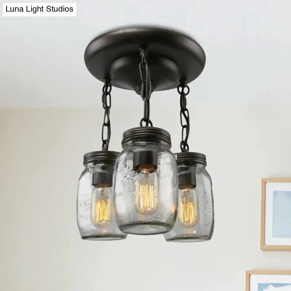 Etched Clear Glass Mason Jar Semi Flush Industrial Light Fixture - Ideal for Dining Room - 3/5-Bulb Option