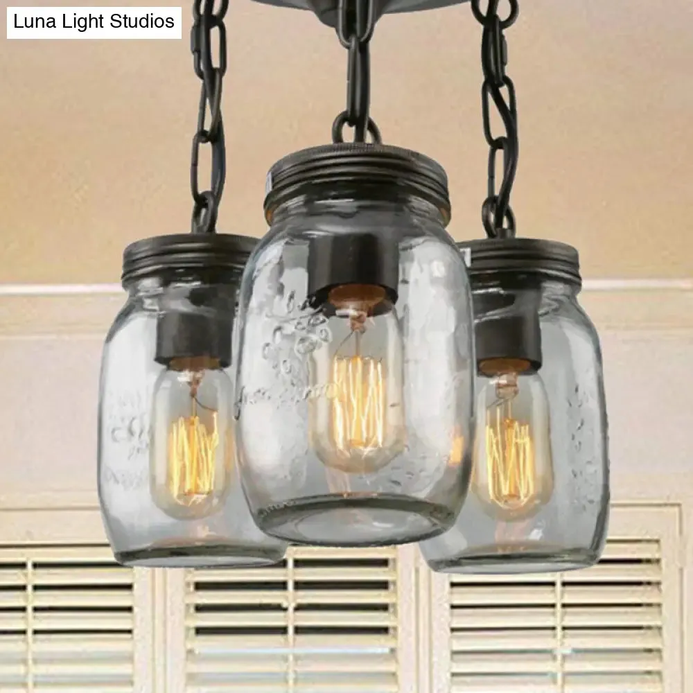 Etched Clear Glass Mason Jar Semi Flush Industrial Light Fixture - Ideal for Dining Room - 3/5-Bulb Option