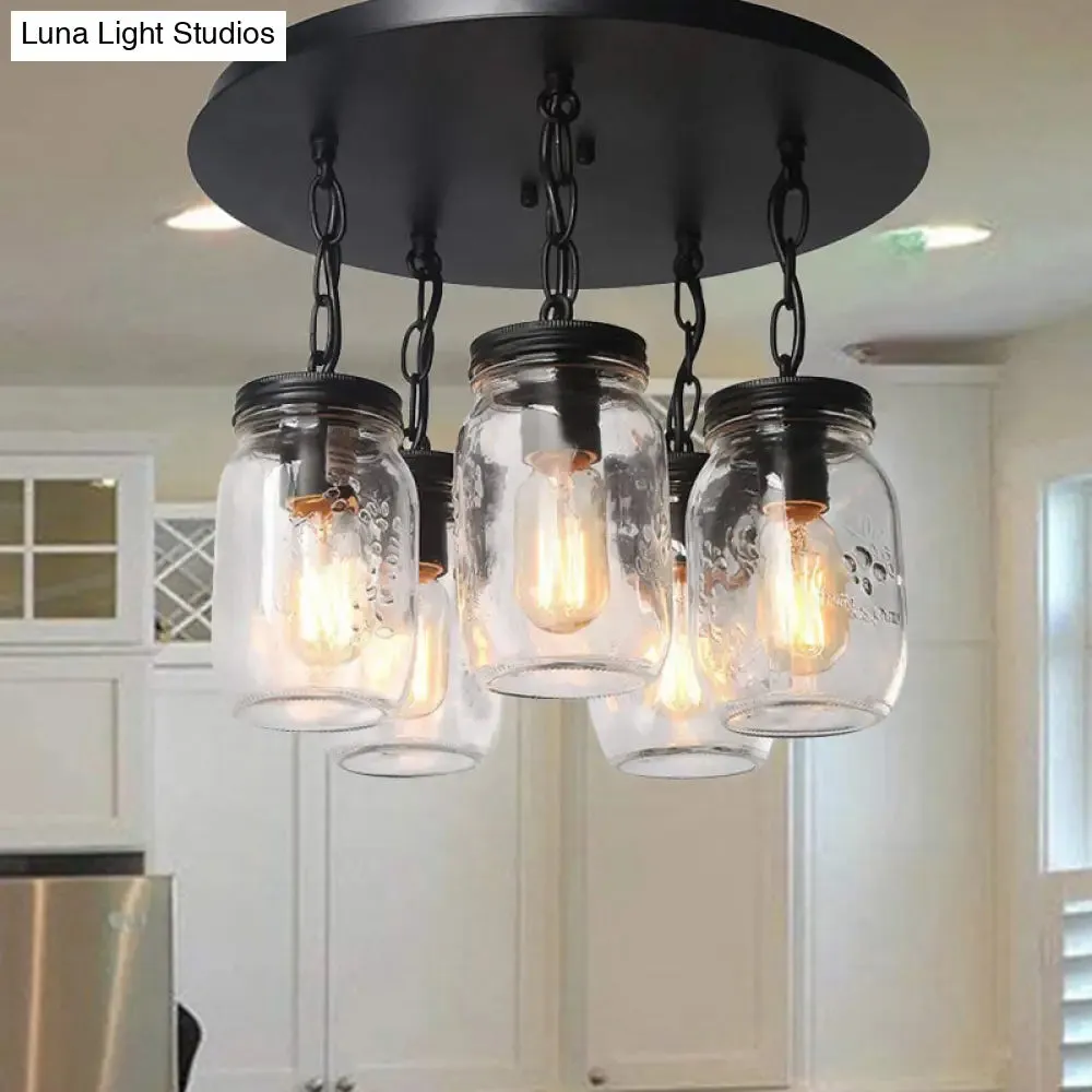Etched Clear Glass Mason Jar Semi Flush Industrial Light Fixture - Ideal for Dining Room - 3/5-Bulb Option