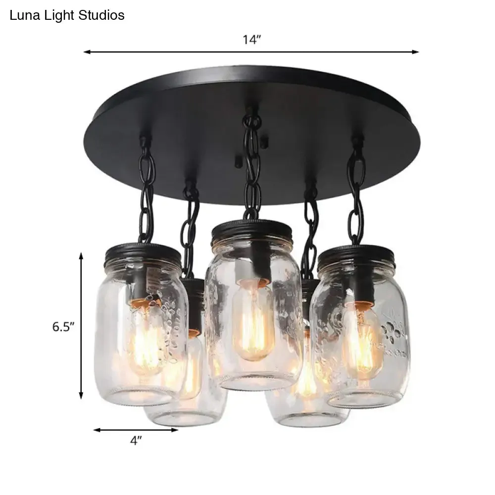 Etched Clear Glass Mason Jar Semi Flush Industrial Light Fixture - Ideal for Dining Room - 3/5-Bulb Option