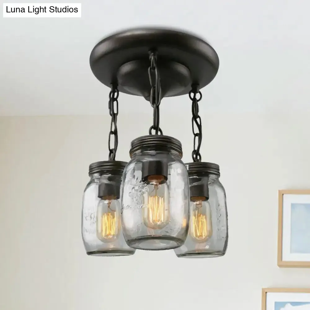 Etched Clear Glass Mason Jar Semi Flush Industrial Light Fixture - Ideal for Dining Room - 3/5-Bulb Option