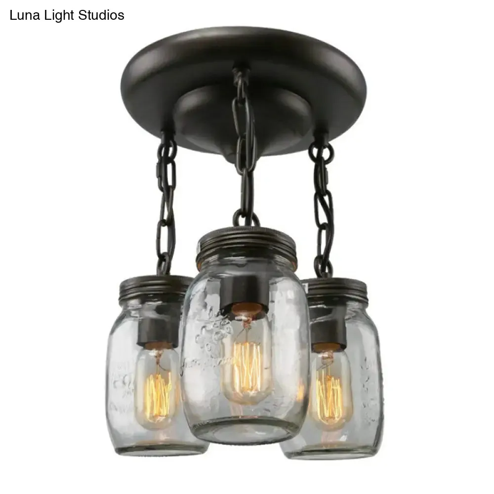 Etched Clear Glass Mason Jar Semi Flush Industrial Light Fixture - Ideal for Dining Room - 3/5-Bulb Option