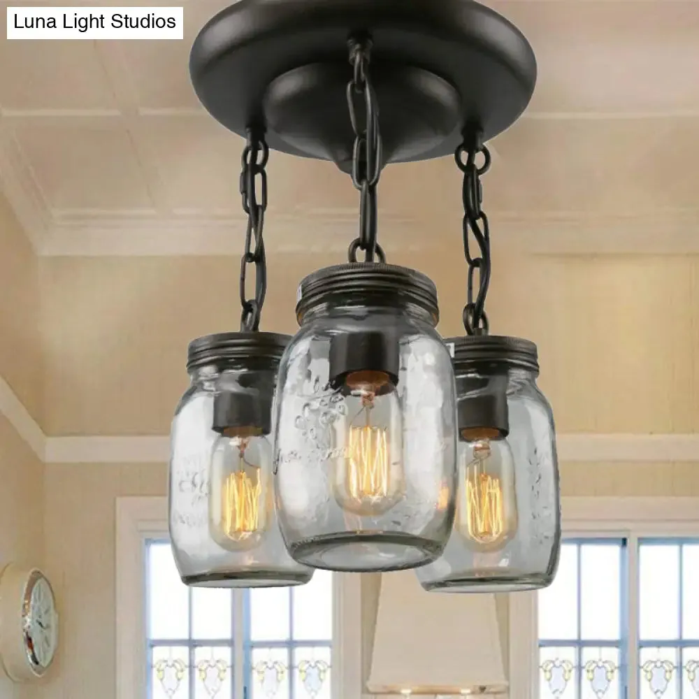 Etched Clear Glass Mason Jar Semi Flush Industrial Light Fixture - Ideal for Dining Room - 3/5-Bulb Option