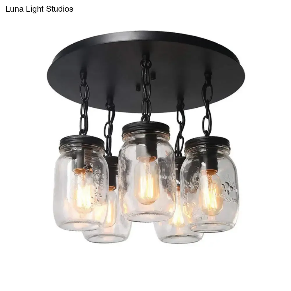 Etched Clear Glass Mason Jar Semi Flush Industrial Light Fixture - Ideal for Dining Room - 3/5-Bulb Option