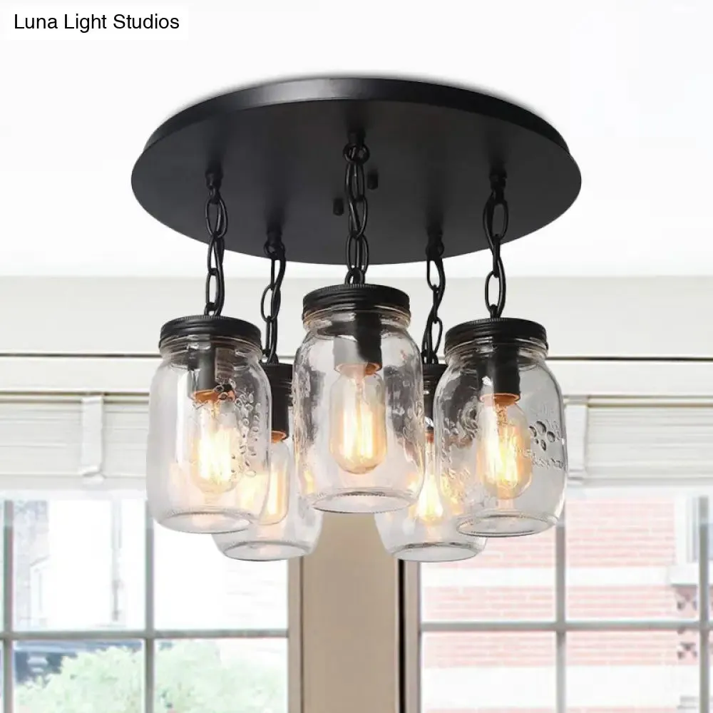 Etched Clear Glass Mason Jar Semi Flush Industrial Light Fixture - Ideal for Dining Room - 3/5-Bulb Option